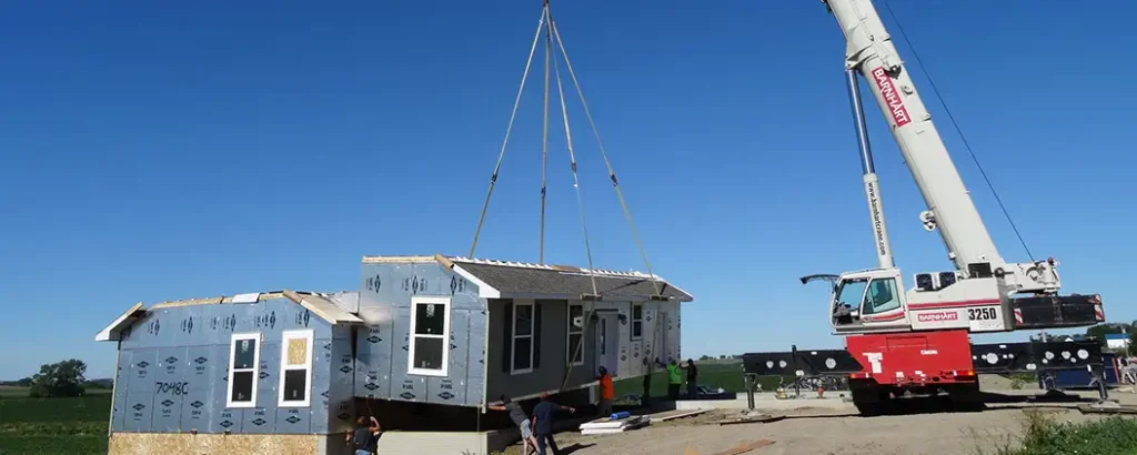 home being lowered by crane